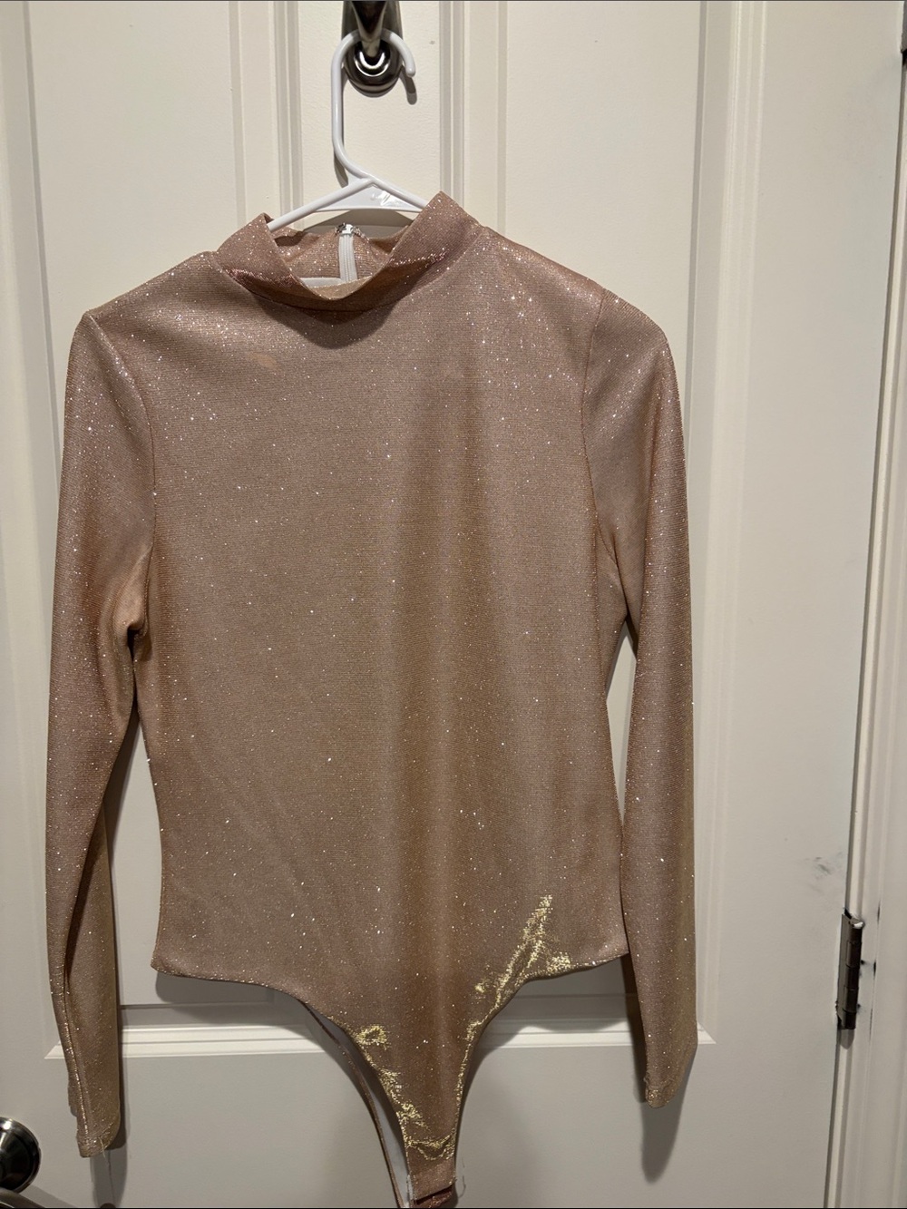 TCEC Glitter Mock-Neck Long-Sleeve Bodysuit in Champagne Blush